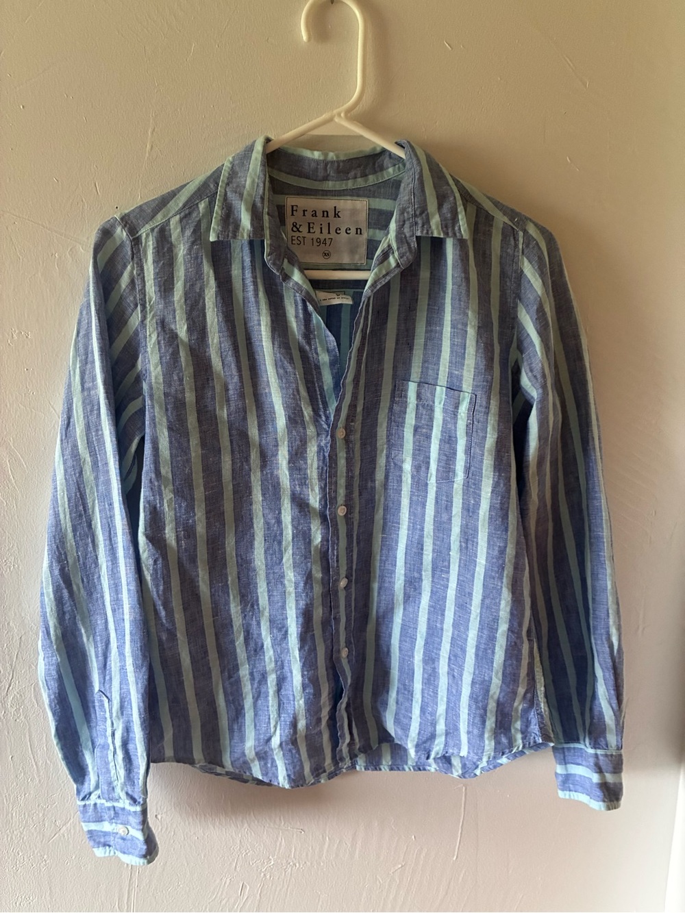 Frank & Eileen Blue 100% Linen Striped Barry Button Up XS EUC
